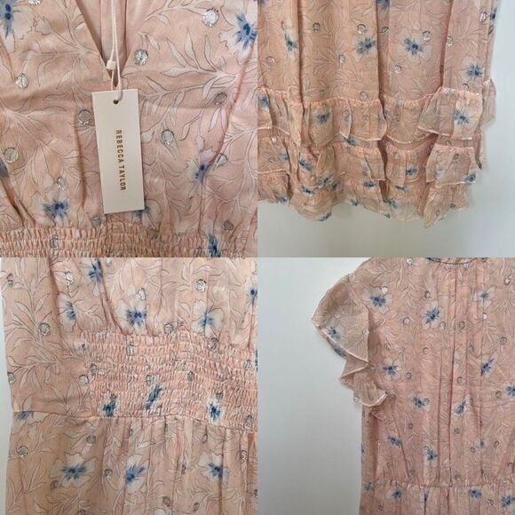 NWT Rebecca Taylor Silk Ruffle V Neck Mini Dress Pastel Pink Floral size S - Picture 9 of 13